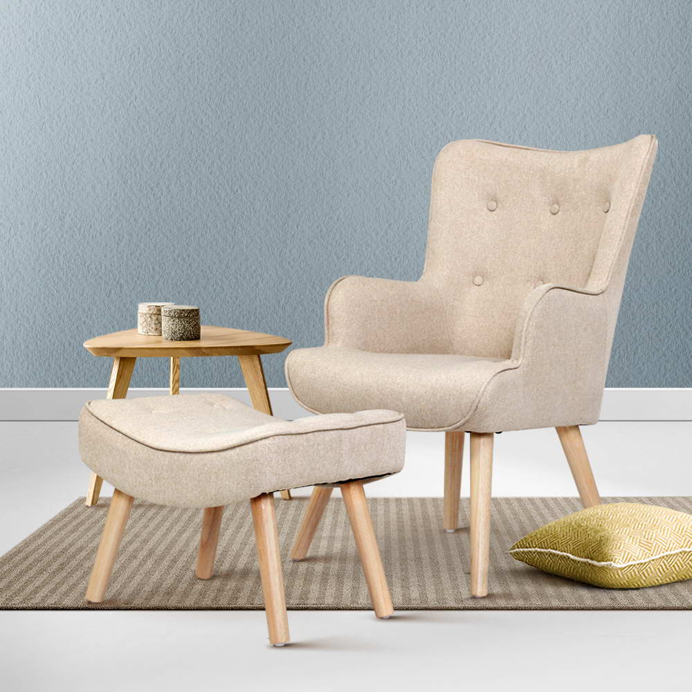 okretro Armchair Set with Ottoman Beige Lansar