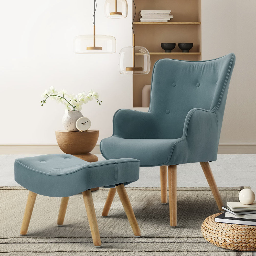 okretro Armchair Set with Ottoman Blue Lansar