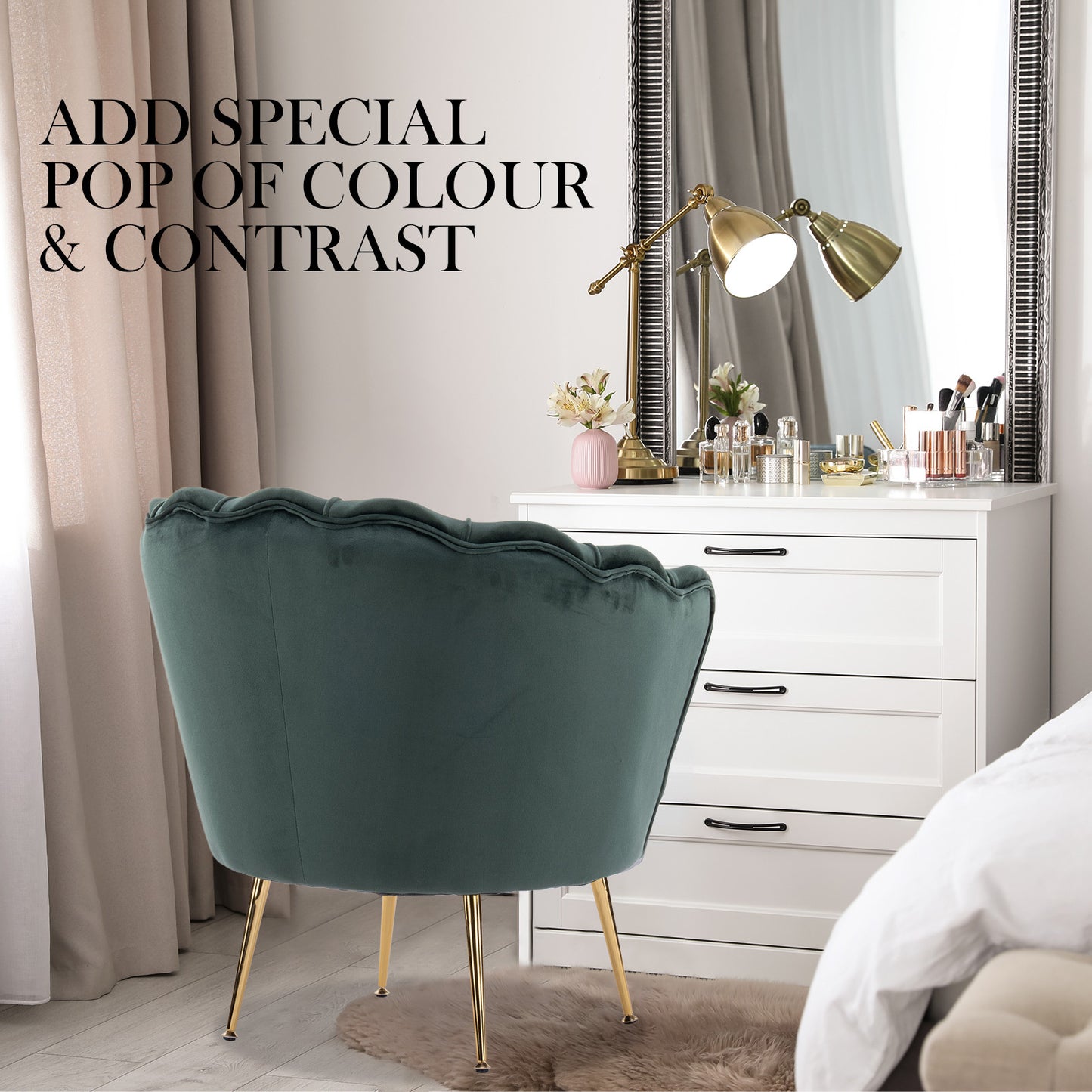 okretro Armchair Lounge Chair Accent Velvet Shell Scallop + Ottoman Footstool Round GREEN