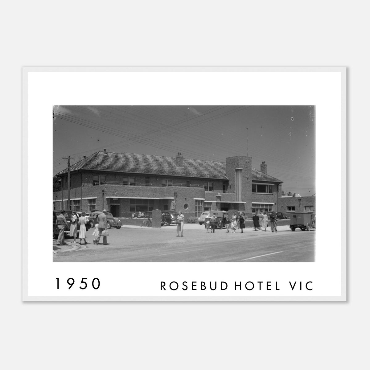 Rosebud Hotel, Rosebud VIC, 1950s Australian streetscape featuring the historic hotel and Point Nepean Road, restored archival photograph