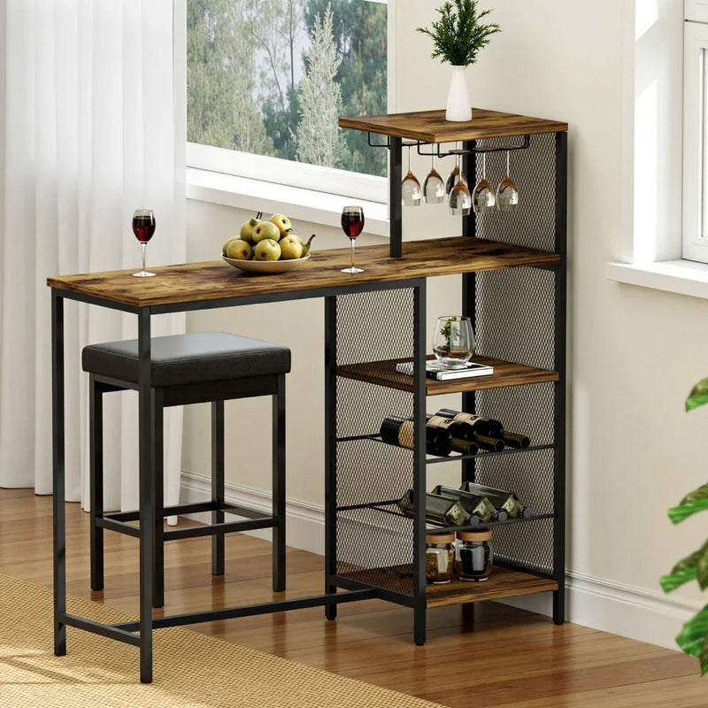 Modern kitchen bar table set with stools, wine glass rack, and wood metal shelving.