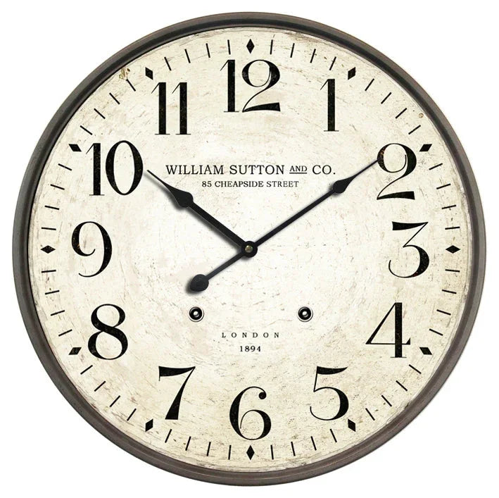 Vintage William Sutton wall clock with black numerals, classic design, London 1894.