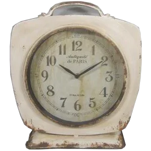 Vintage-style distressed white tabletop clock with round face and Paris text