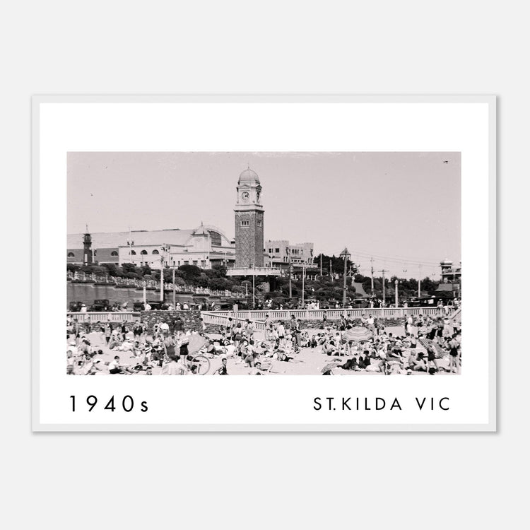 St Kilda Beach Melbourne historical photograph from the 1940s with beachgoers and sea baths.