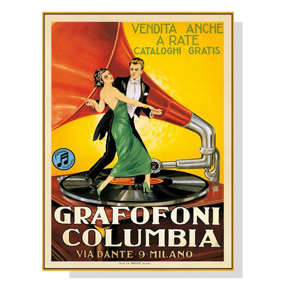 Vintage poster of a couple dancing on a vinyl record, gramophone, GRAFOFONI COLUMBIA