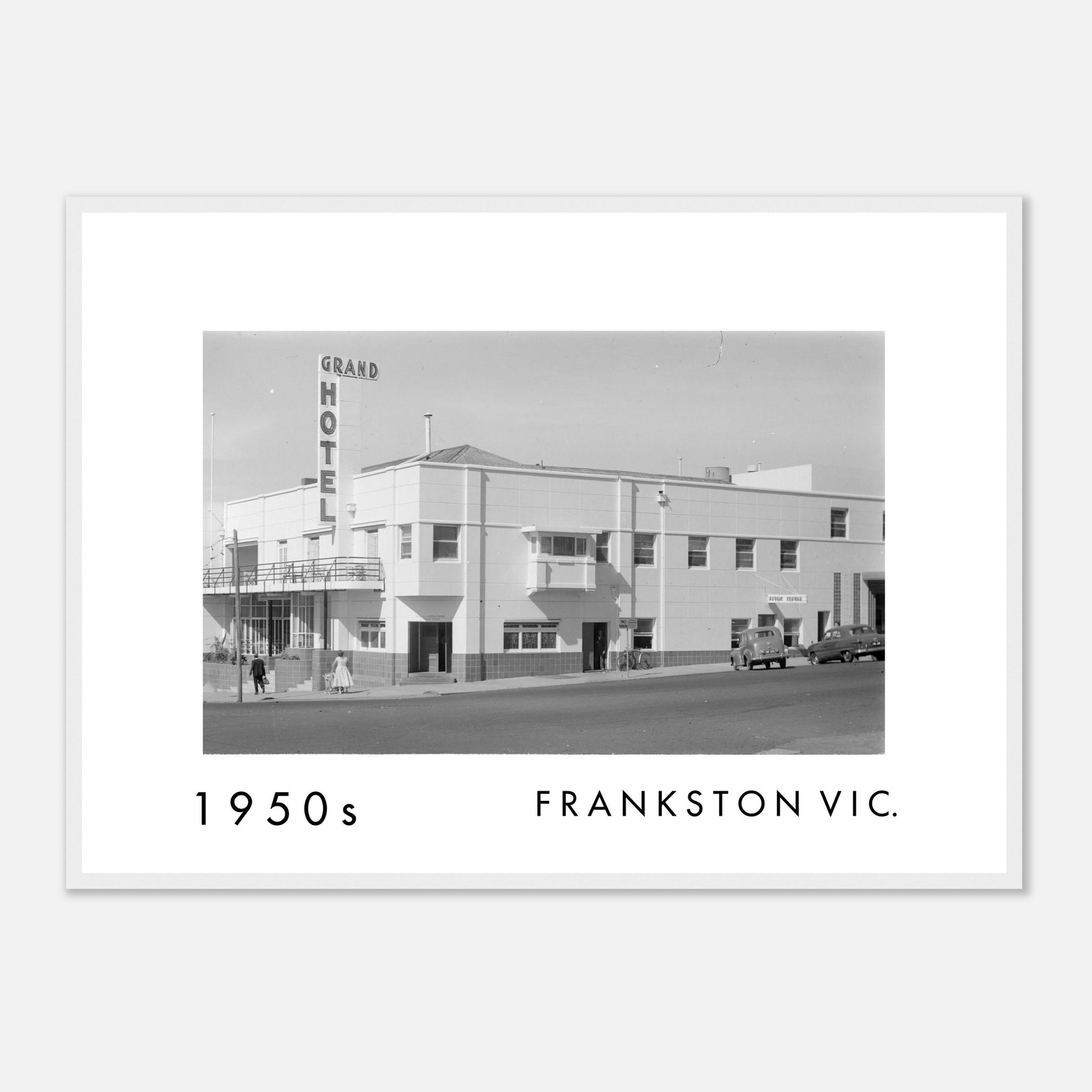 Grand Hotel in Frankston Victoria with vintage cars and streetscape during the 1950s
