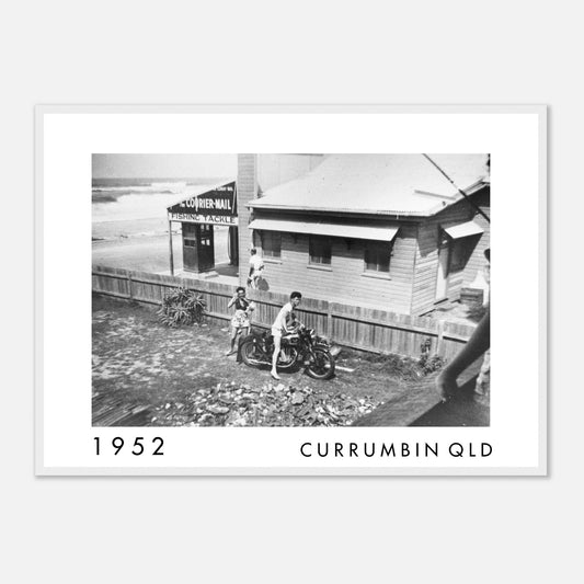 Currumbin Beach Queensland 1952 vintage photograph showing a couple beside a motorcycle