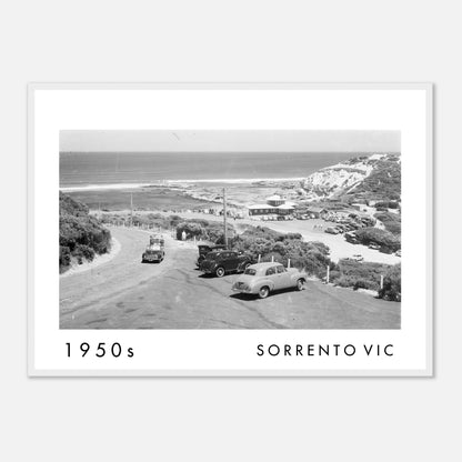 Historic 1950s view from Sorrento Lookout overlooking the coastline and beaches of Sorrento, Victoria, restored vintage framed print.