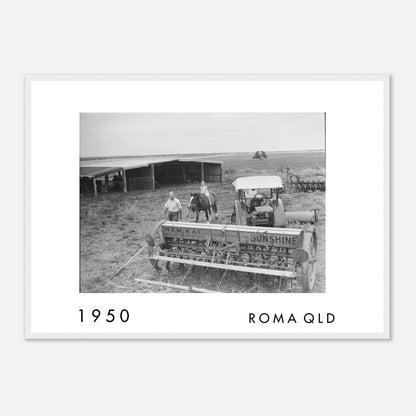 Farmers operating a Sunshine harvester on a property near Roma Queensland, 1950.