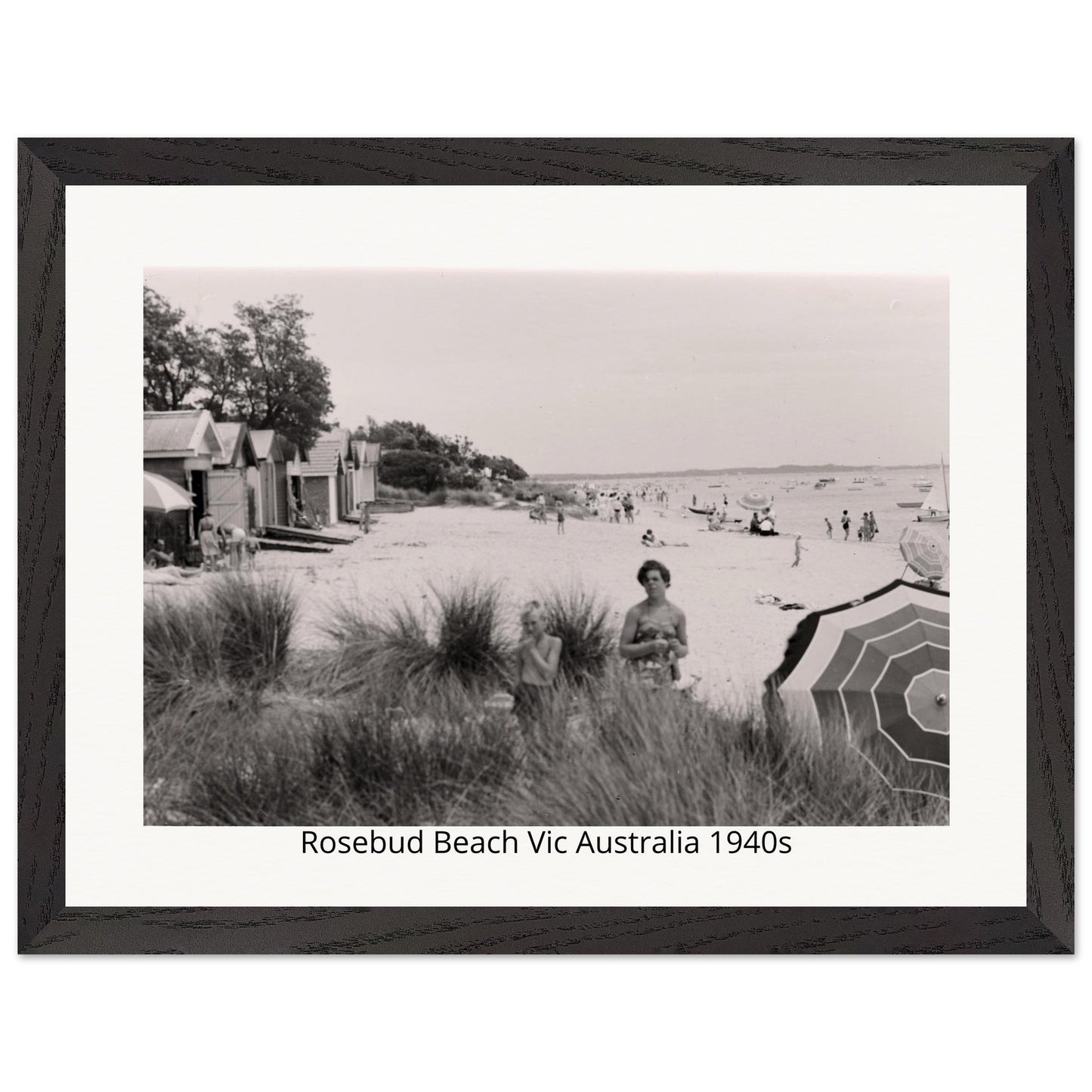 Black and white photo of Rosebud Beach Vic Australia in the 1940s, framed with a black border.