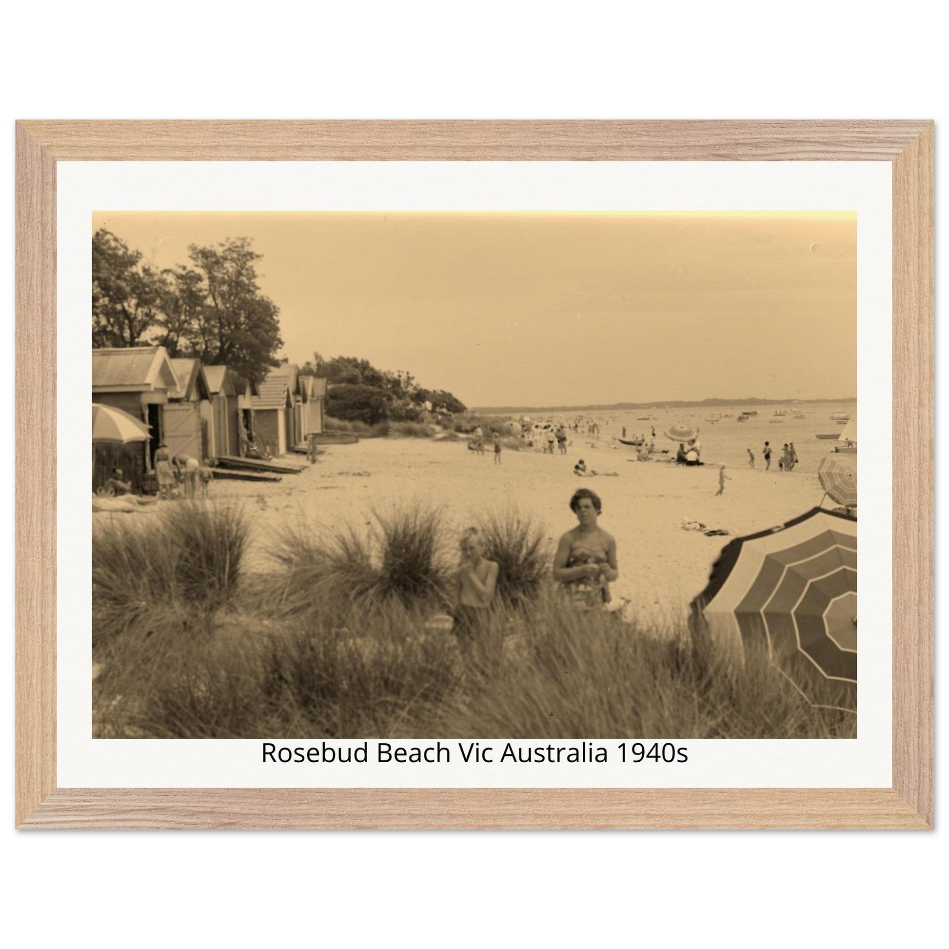 Vintage photograph of Rosebud Beach, Victoria, Australia in the 1940s with a wooden frame.