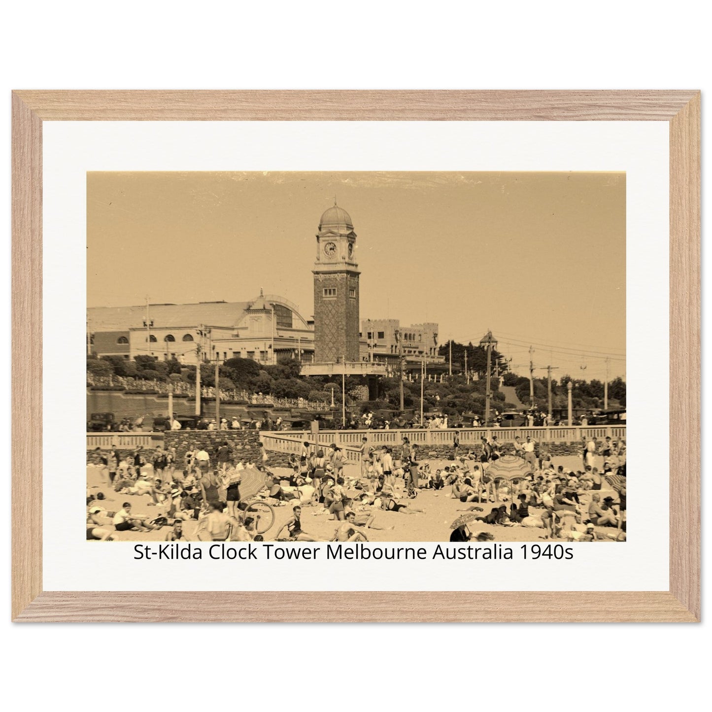 St Kilda Clock Tower 1940s | Heritage Bronze Print | 30×40cm Wood Frame