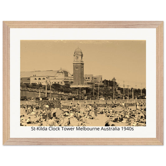 St Kilda Clock Tower 1940s | Heritage Bronze Print | 30×40cm Wood Frame