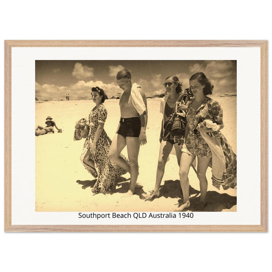 Vintage black and white photo of people on Southport Beach, QLD, Australia in 1940, framed with a wooden border.
