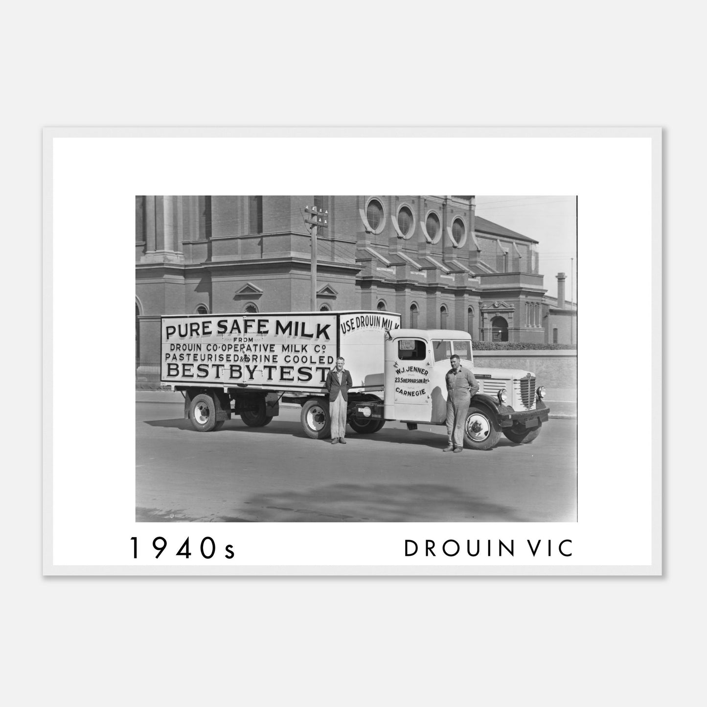 Vintage Drouin Co-operative Milk Company delivery truck outside Sacred Heart Church Carlton Victoria circa 1940
