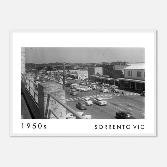 Historic 1950s view of Sorrento's main shopping centre on the Mornington Peninsula, Victoria, restored archival framed print.