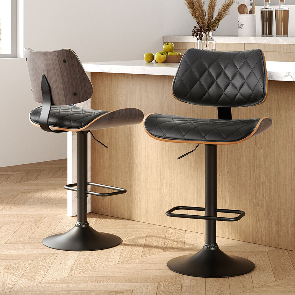 okretro 2x Bar Stools Kitchen Dining Chairs Gas Lift Stool Wooden Leather Black