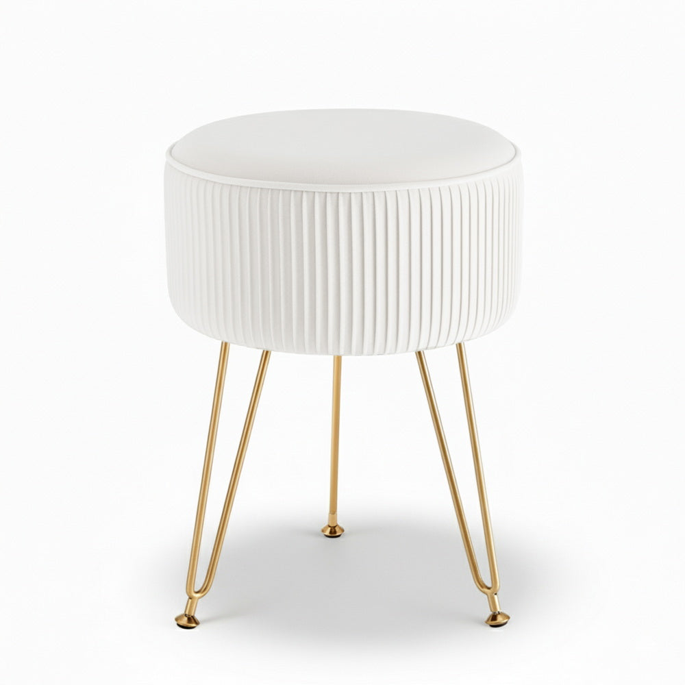 White Velvet Round Ottoman with Gold Legs