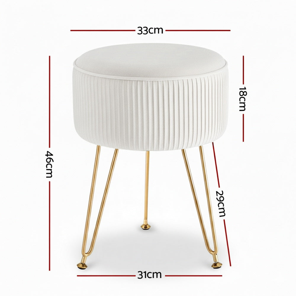 White Velvet Round Ottoman with Gold Legs