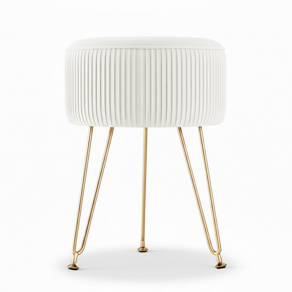 White Velvet Round Ottoman with Gold Legs