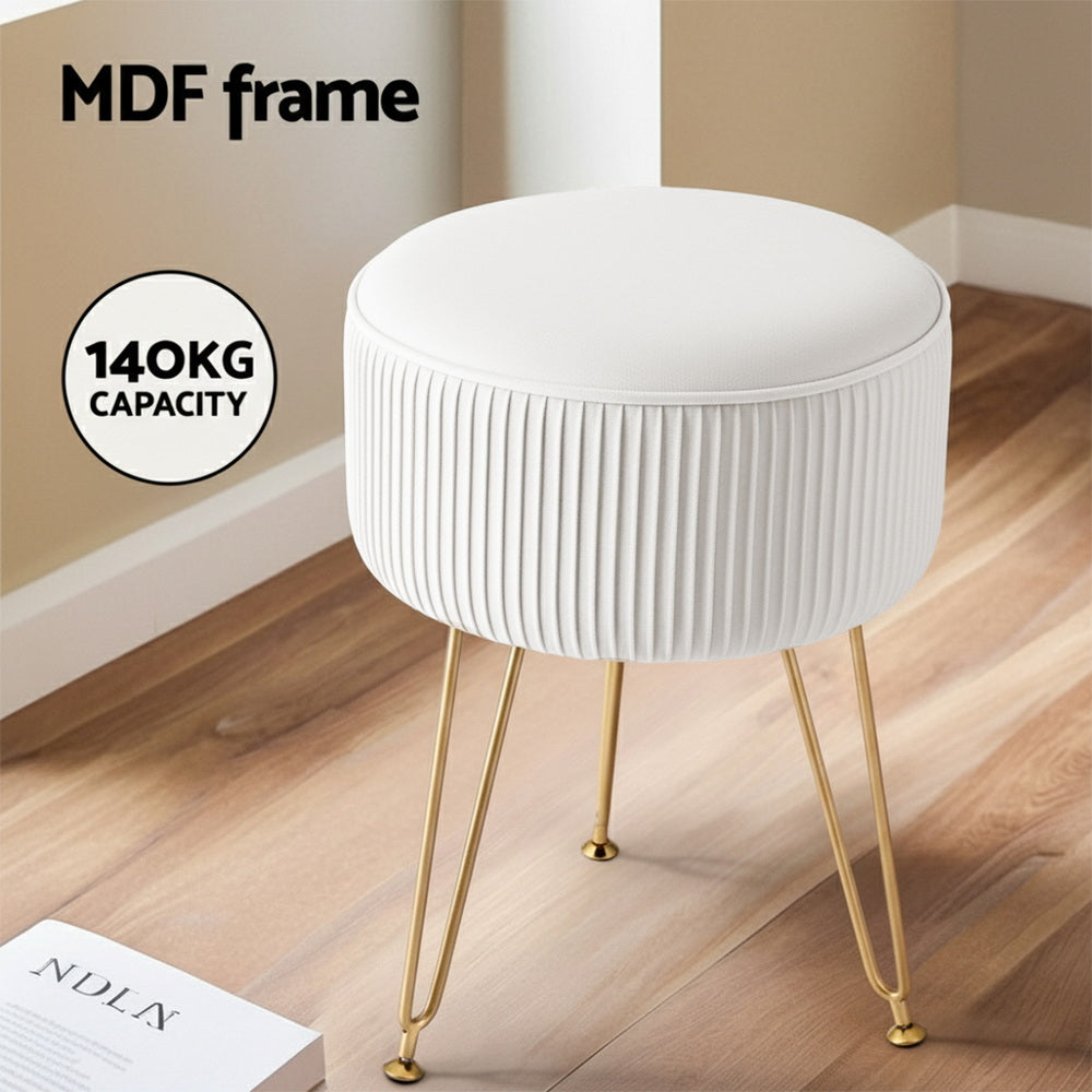 White Velvet Round Ottoman with Gold Legs