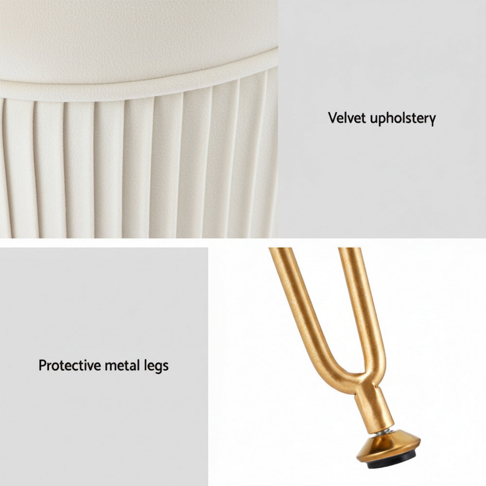 White Velvet Round Ottoman with Gold Legs