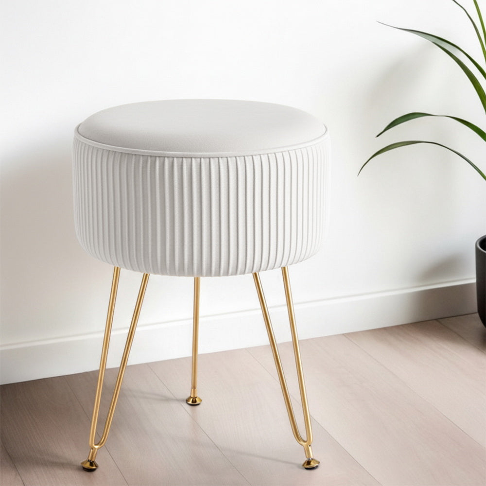 White Velvet Round Ottoman with Gold Legs