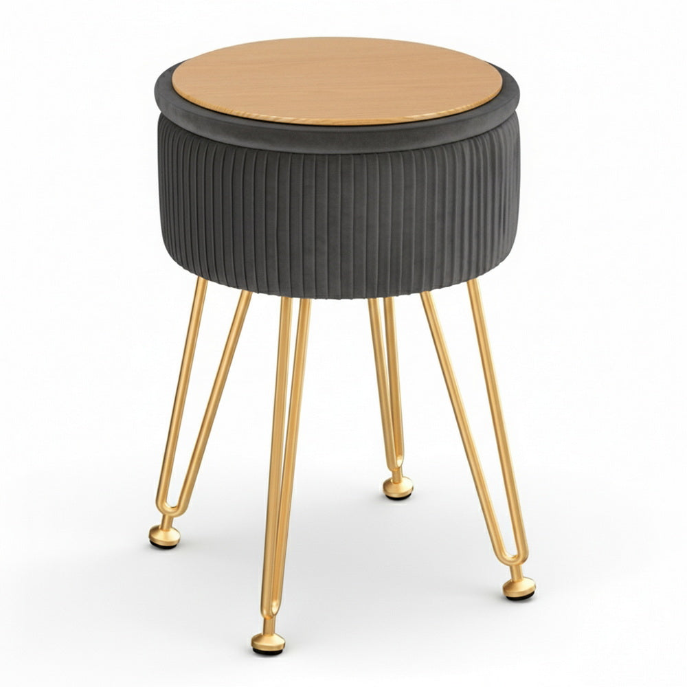 Grey Velvet Storage Ottoman - Round