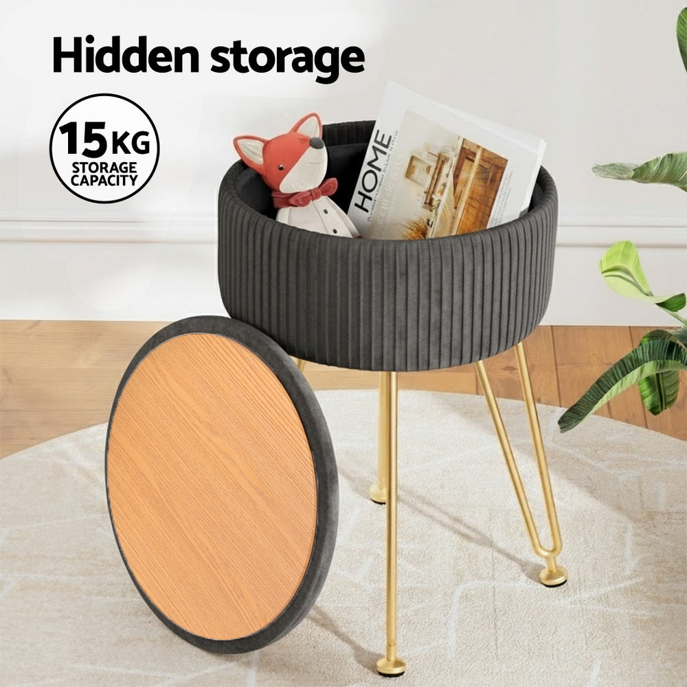 Grey Velvet Storage Ottoman - Round