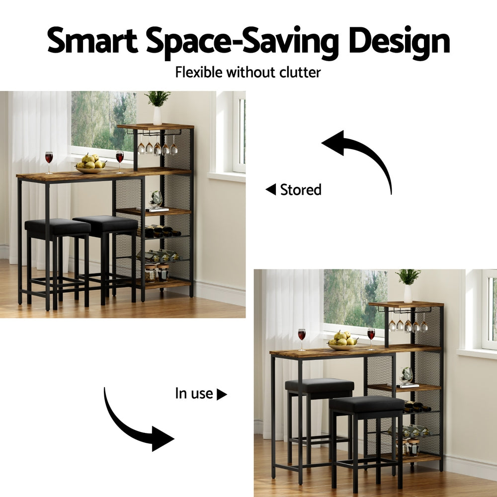 Artiss Industrial Bar Table with Wine Rack Cup Holder Multi-Level Storage 122cm Walnut