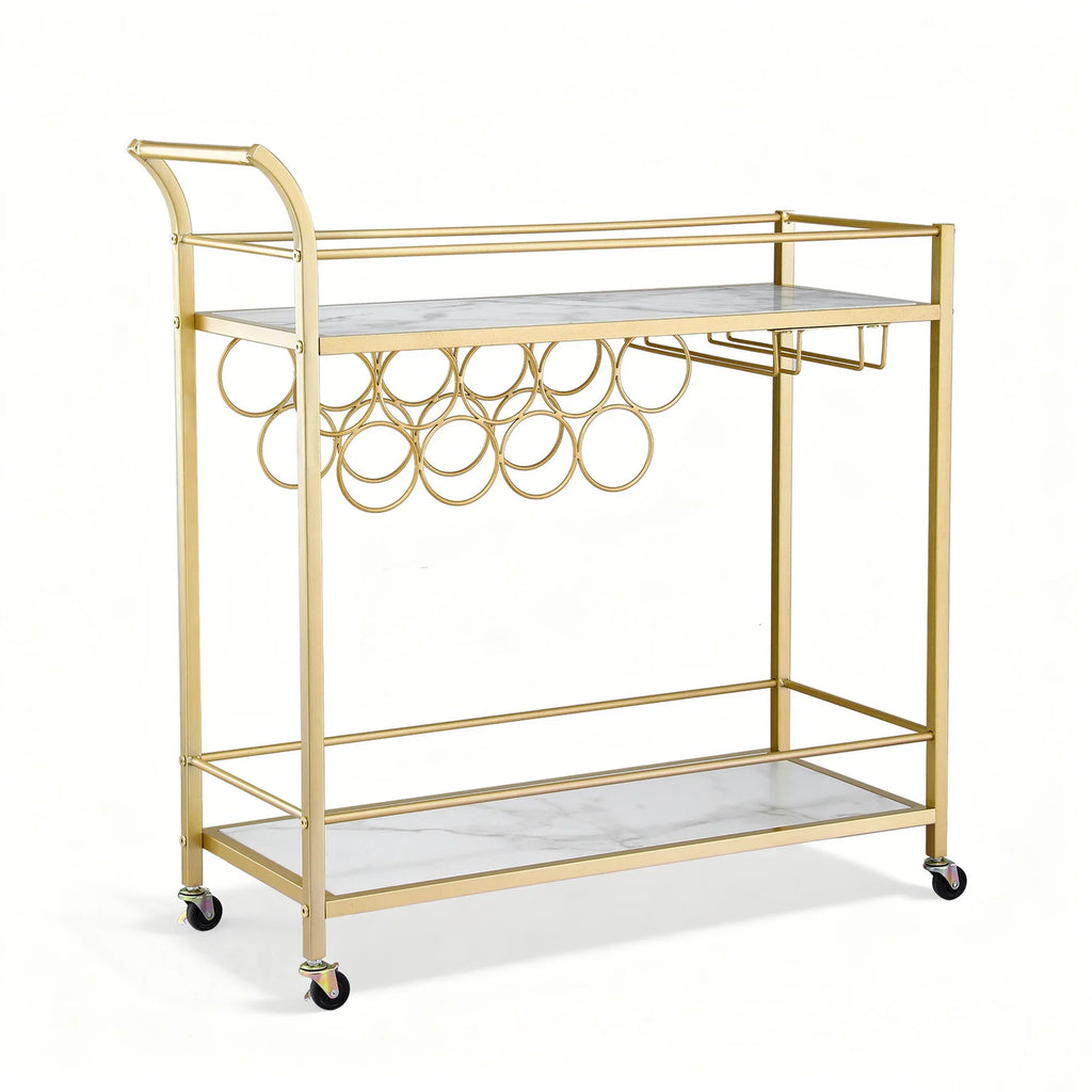 Gold Marble Bar Cart with Wine Rack and Glass Holder