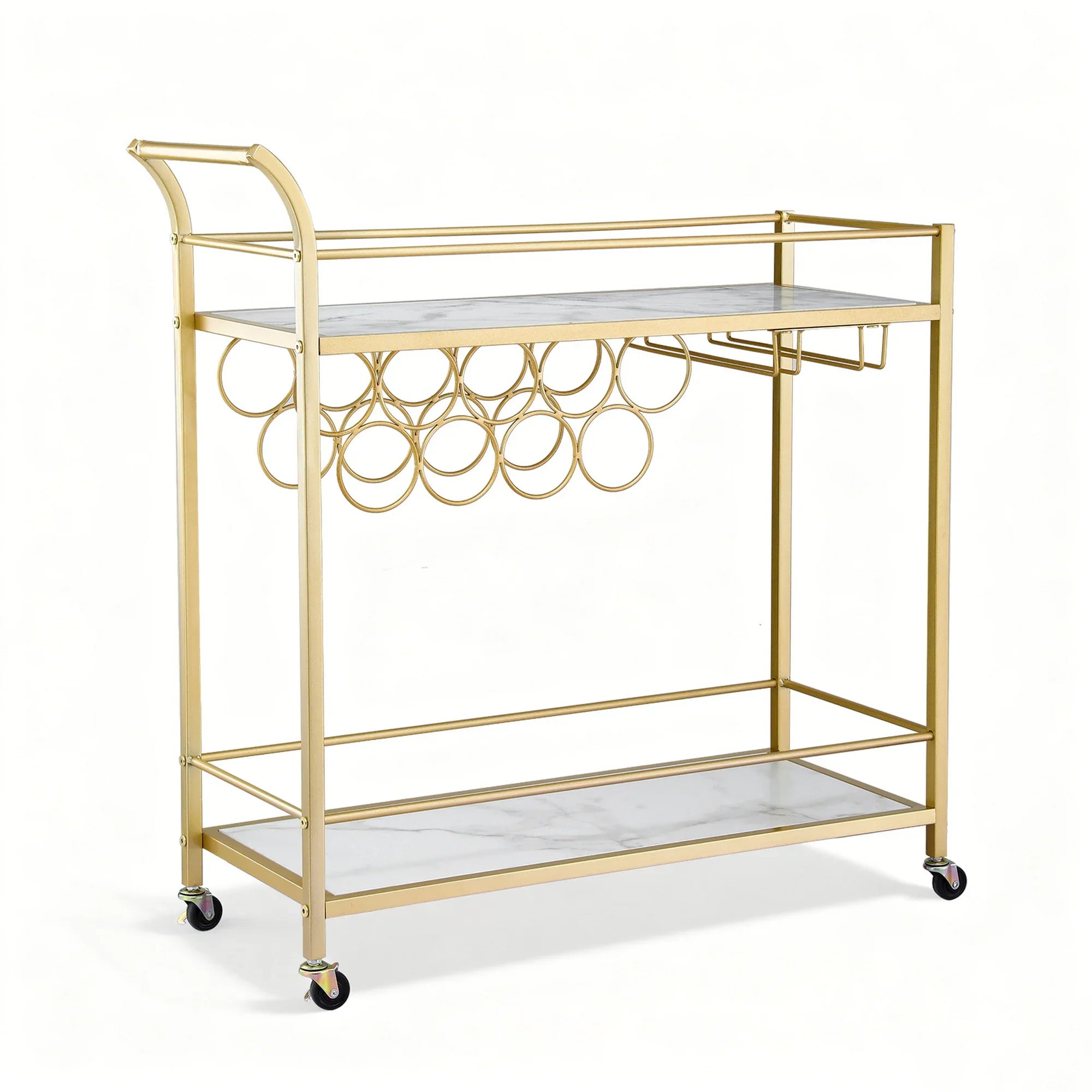 Gold Marble Bar Cart with Wine Rack and Glass Holder