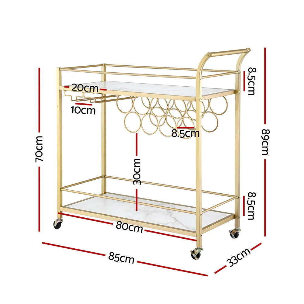 Gold Marble Bar Cart with Wine Rack and Glass Holder