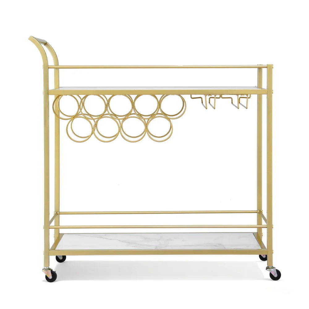 Gold Marble Bar Cart with Wine Rack and Glass Holder