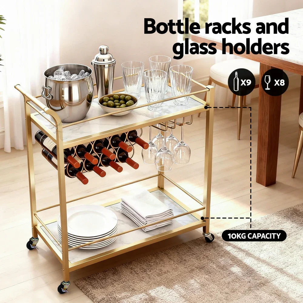 Gold Marble Bar Cart with Wine Rack and Glass Holder
