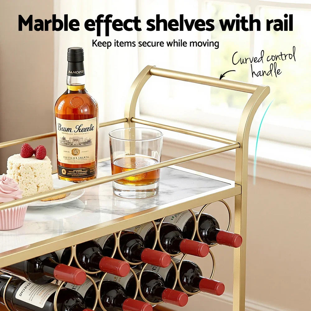 Gold Marble Bar Cart with Wine Rack and Glass Holder