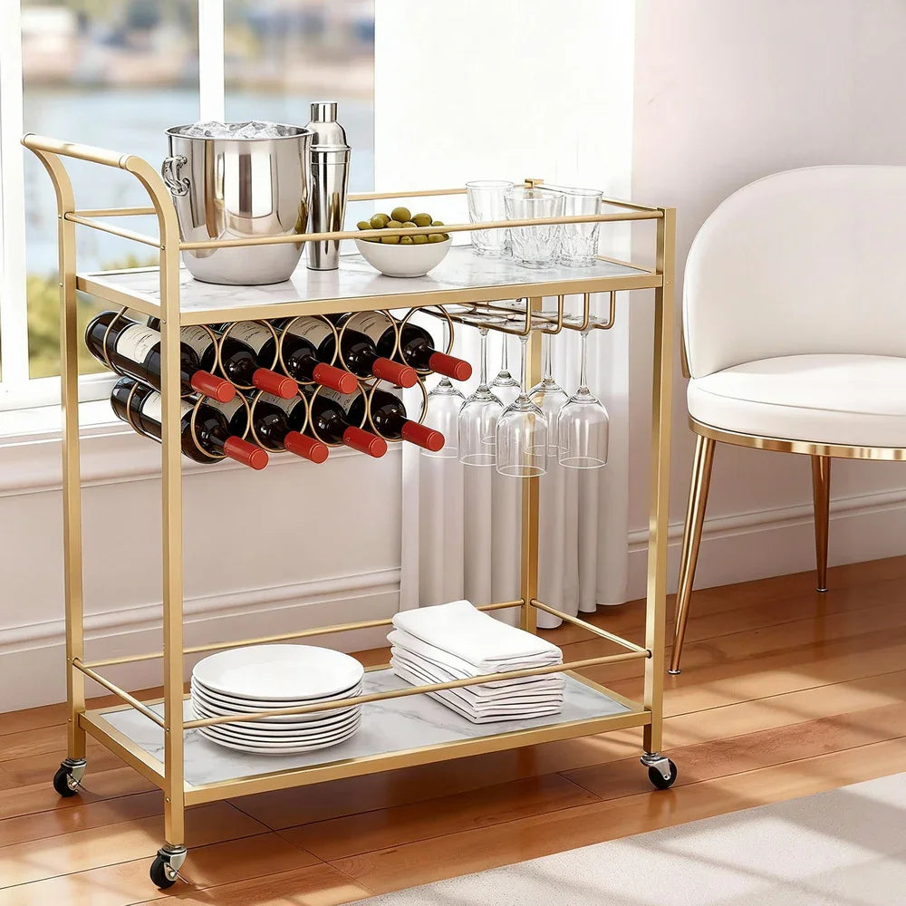Gold Marble Bar Cart with Wine Rack and Glass Holder