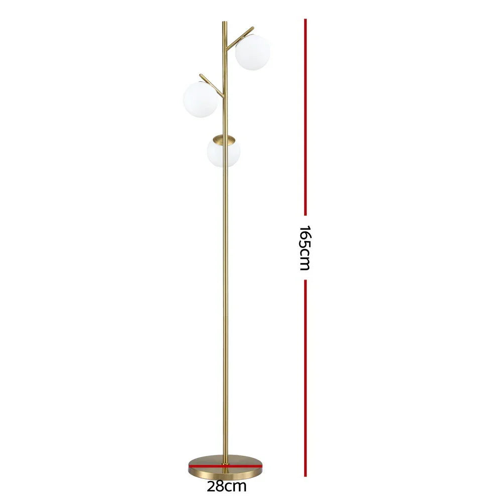 Modern gold floor lamp with three white globe lights, 165cm tall and 28cm wide base