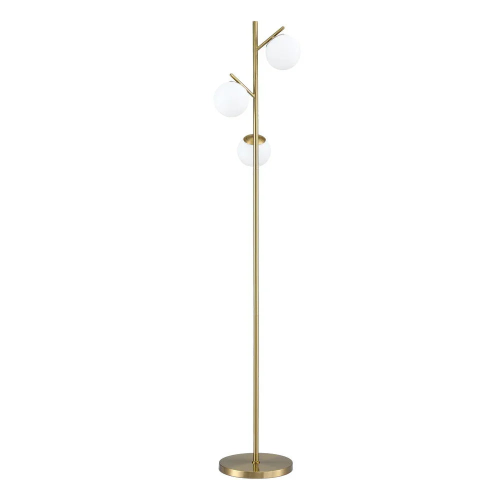 Modern gold floor lamp with three white globe lights, minimalist design
