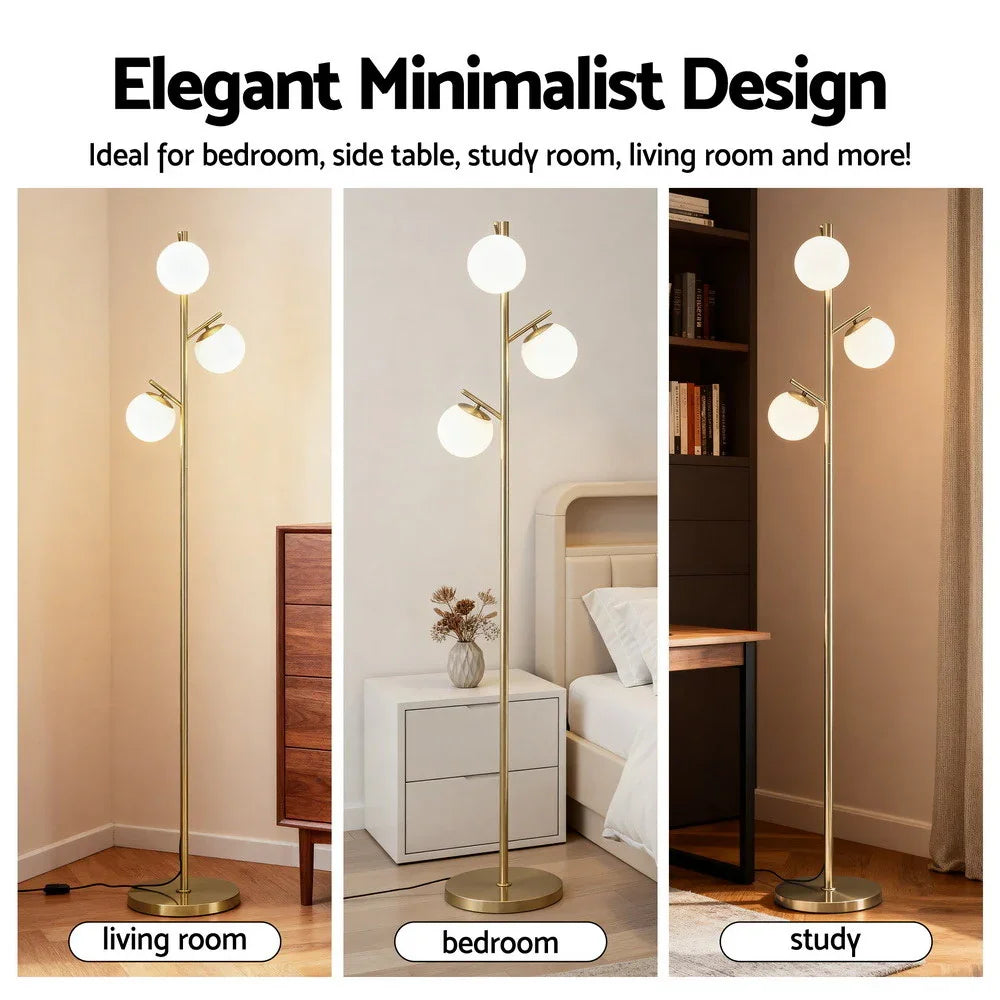 Modern gold floor lamp with three globe lights in living room, bedroom, and study settings.