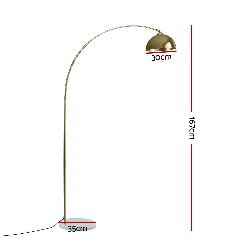 Modern gold arc floor lamp with dome shade, marble base, and measurements 167cm tall, 35cm base, 30cm shade