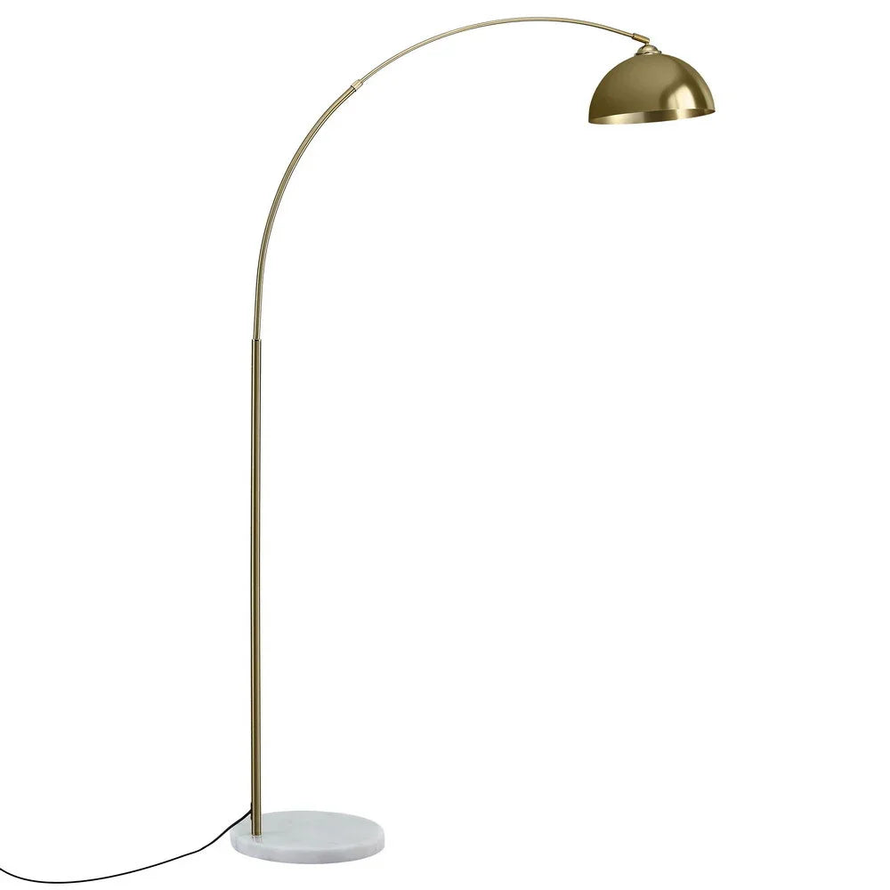 Modern gold arc floor lamp with dome shade and marble base on white background