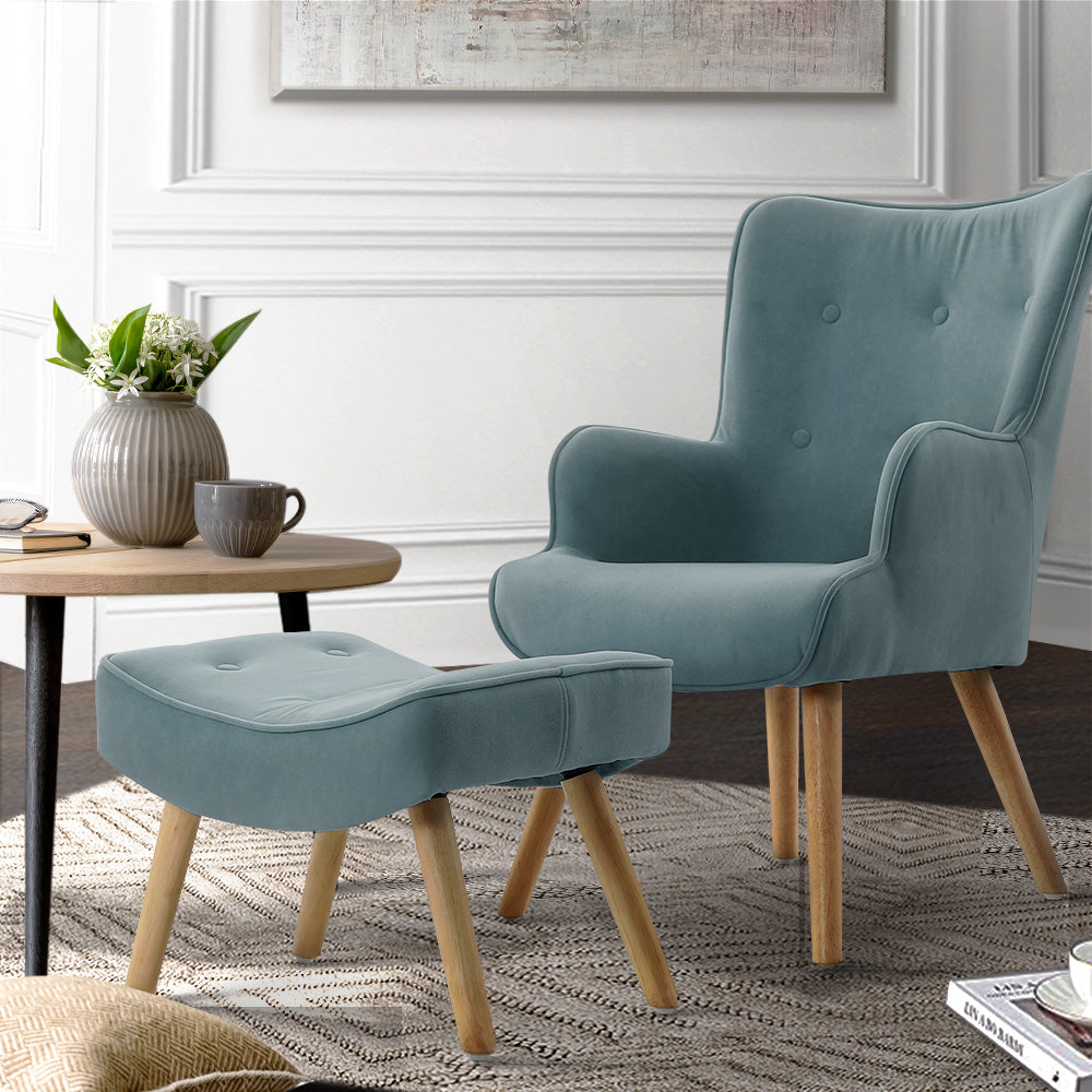 okretro Armchair Set with Ottoman Blue Lansar