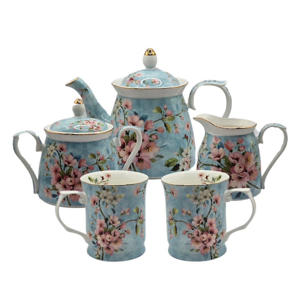 Peach Blossom Fine Bone China Tea Set for 2 - 5-Piece Floral Set