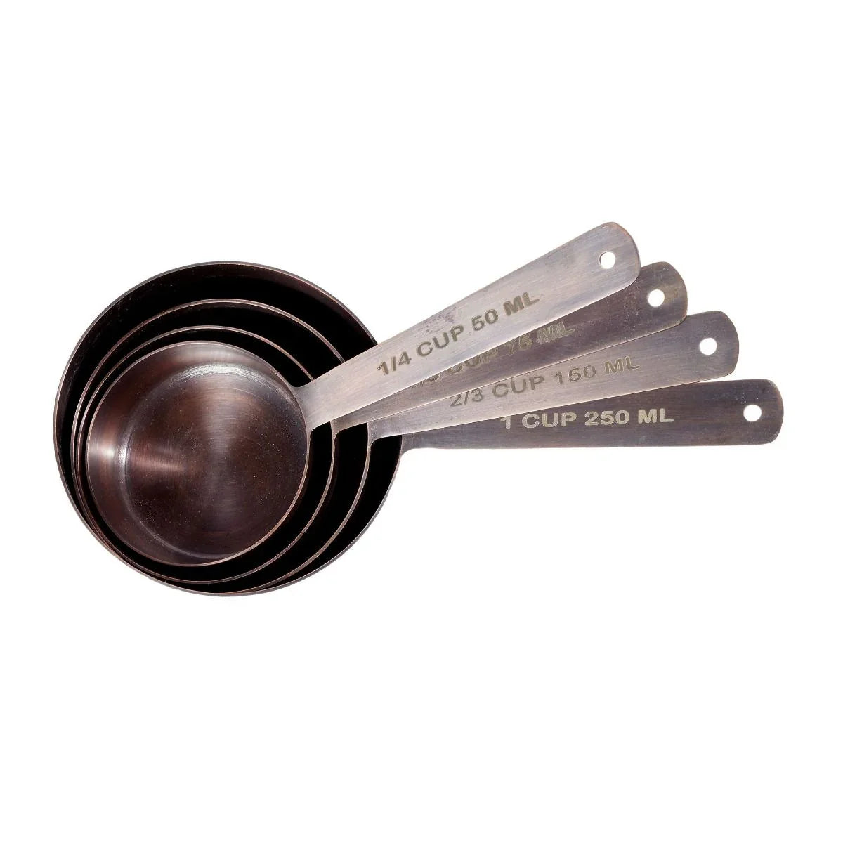 Stainless steel measuring cups set nested, labeled with cup and milliliter measurements