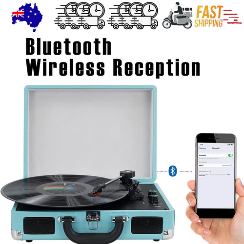 Blue Retro Briefcase Vinyl Record Player Suitcase 3 Speed Turntable Stereo