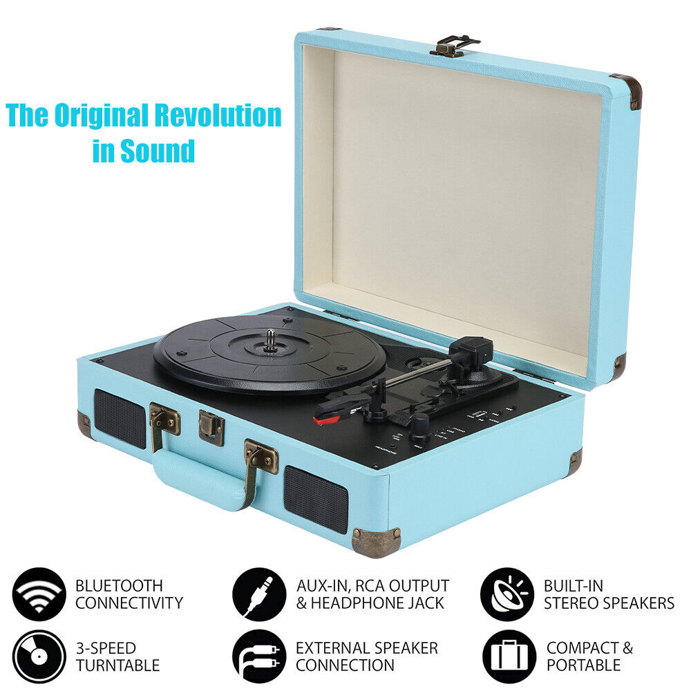 Blue Retro Briefcase Vinyl Record Player Suitcase 3 Speed Turntable Stereo