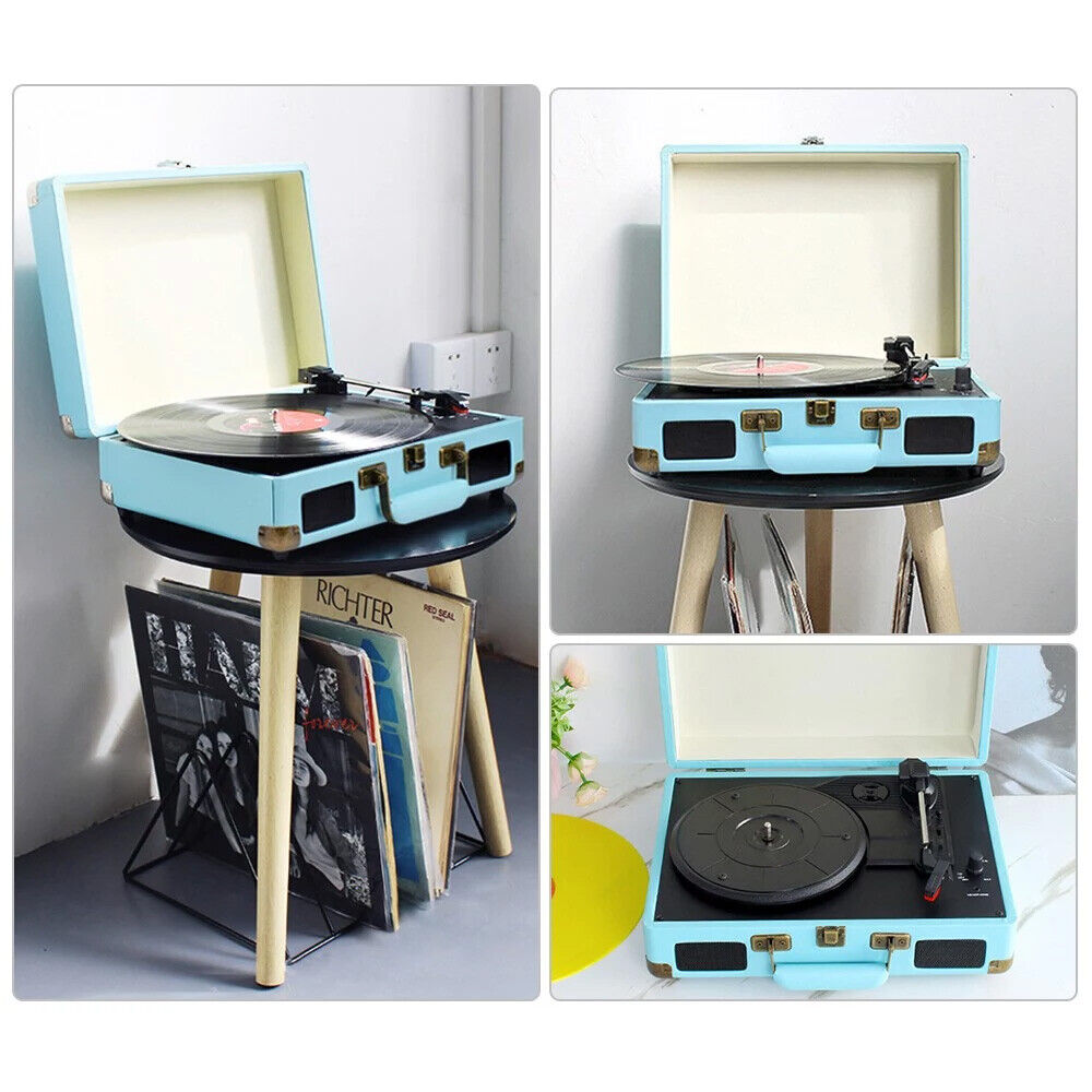 Blue Retro Briefcase Vinyl Record Player Suitcase 3 Speed Turntable Stereo