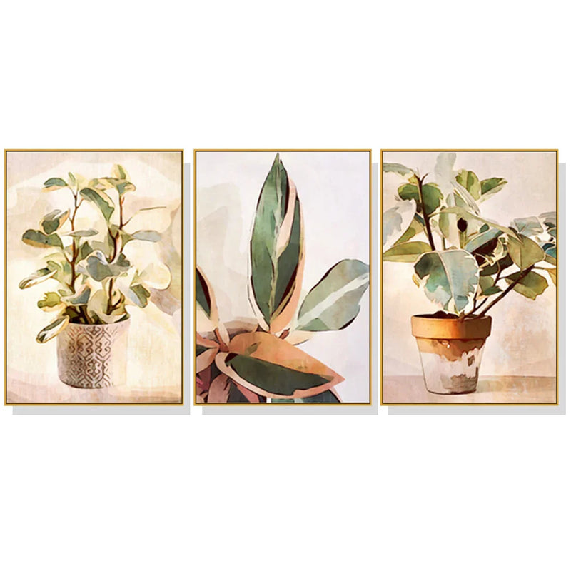Botanical leaves watercolor art set with potted plants in gold frames, minimal wall decor