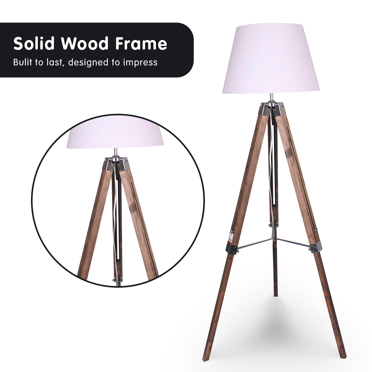 Sarantino Solid Wood Tripod Floor Lamp Adjustable Height White Shade